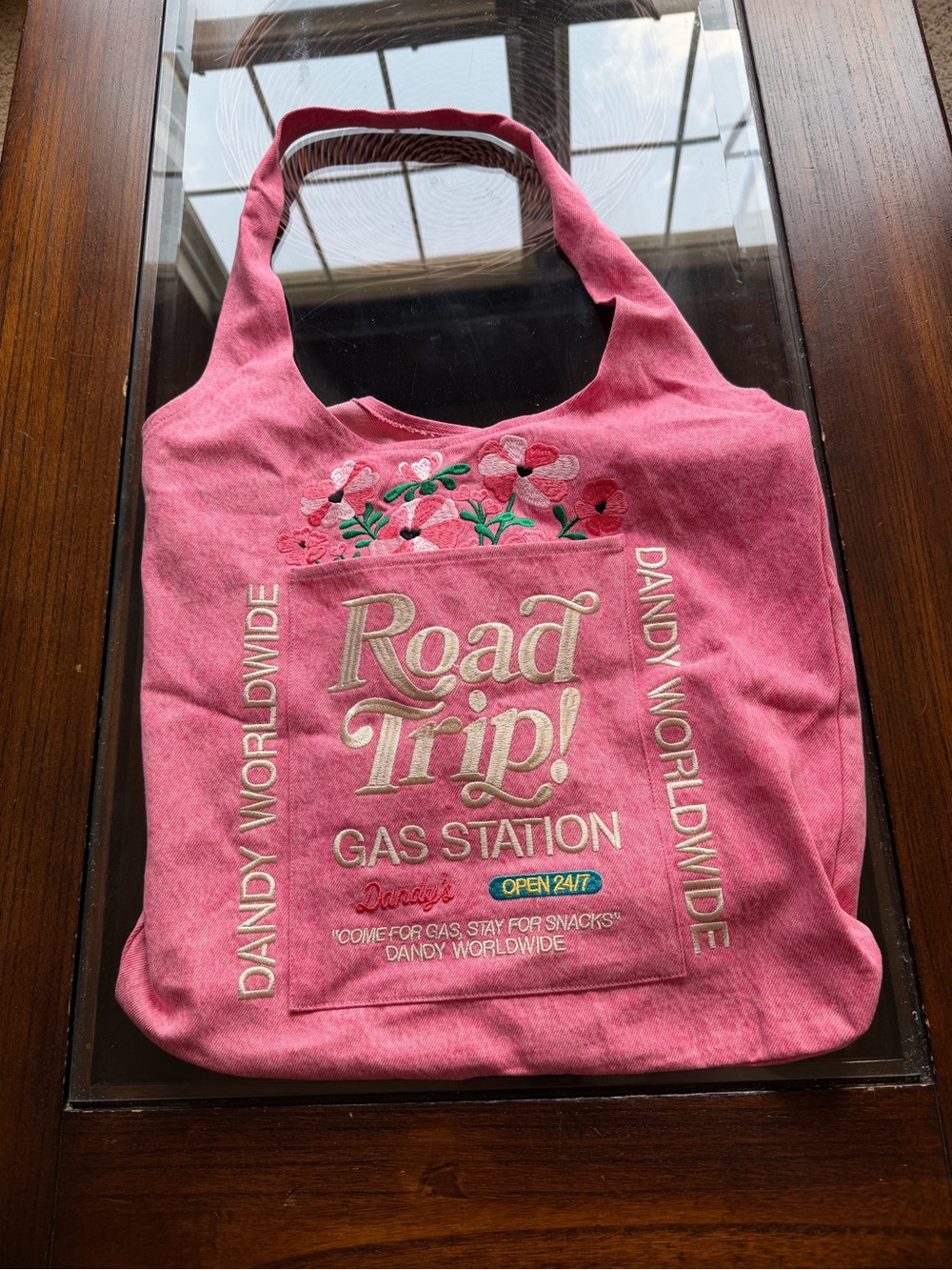 Pink "Road Trip! Gas Station" Embroidered Tote
